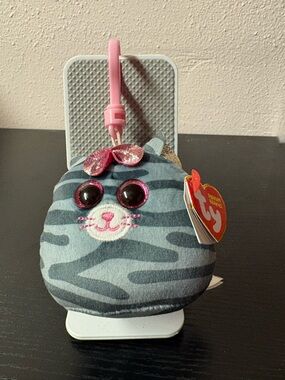 TY Squishy Beanies Kiki Cat Plush Clip NWT Gray Striped Kitty